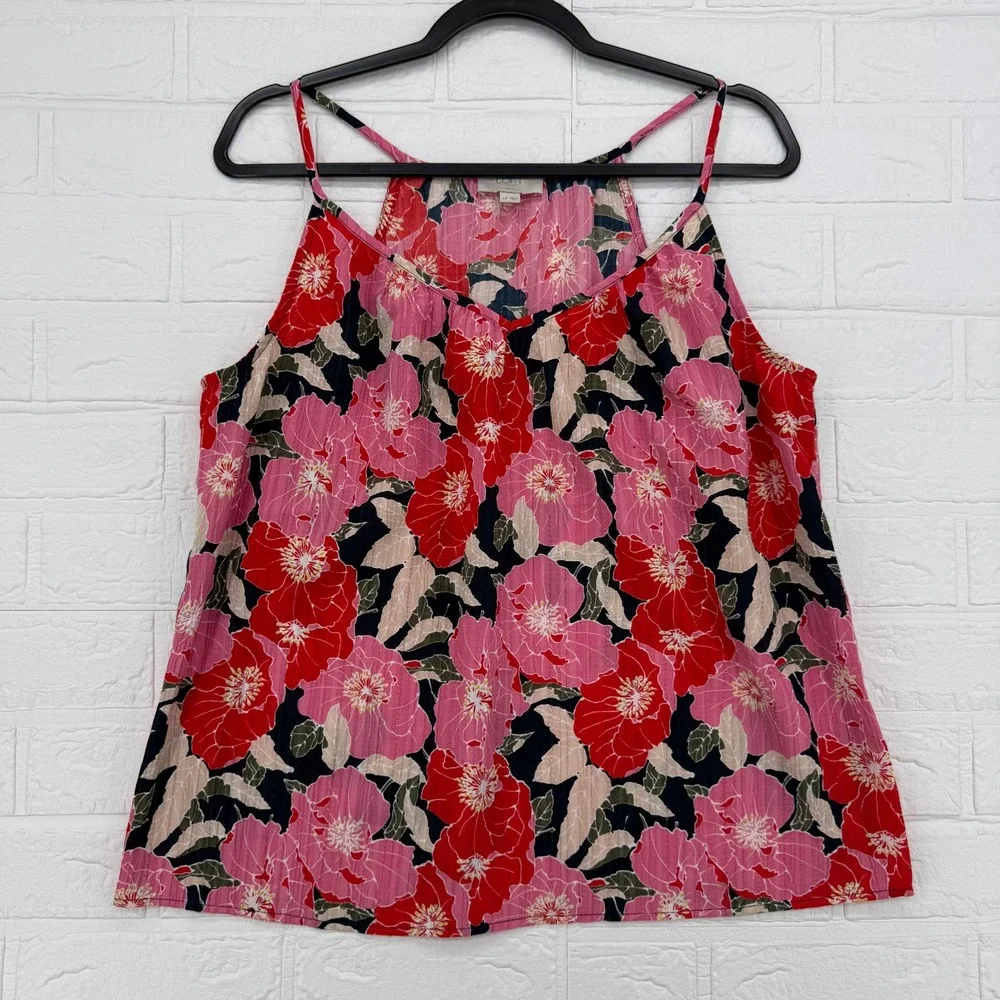 LOFT Outlet Floral Women LP Petite Pink Red Poppy Sleeveless Blouse V-Neck